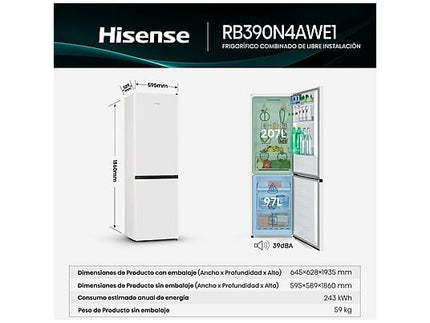 Frigorífico Combi Hisense, Modelo RB390N4AWE1, 304 litros, Blanco - Electrodomésticos Idea SL
