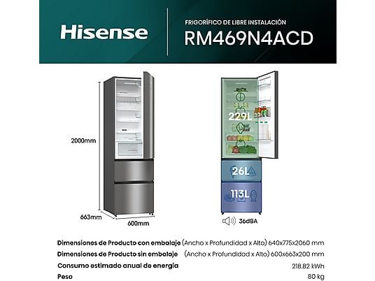 Frigorífico Combi Hisense RM469N4ACD, 368 L, 3 Puertas, Inox - Electrodomésticos Idea SL