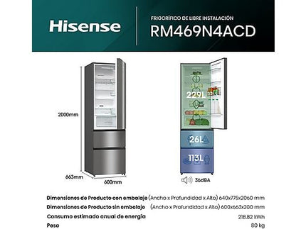 Frigorífico Combi Hisense RM469N4ACD, 368 L, 3 Puertas, Inox - Electrodomésticos Idea SL